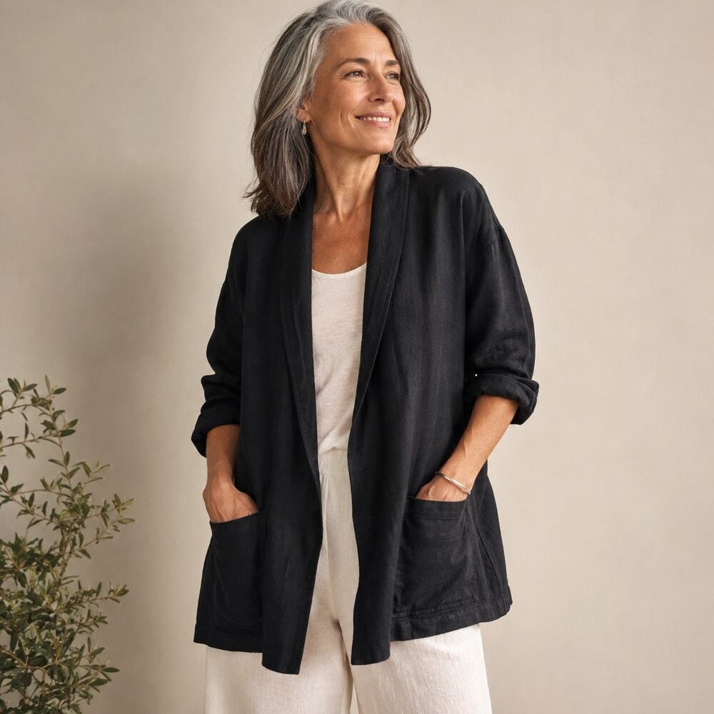 Eileen Fisher Organic Linen Shawl-Collar Open Front Jacket SzM Dark Navy